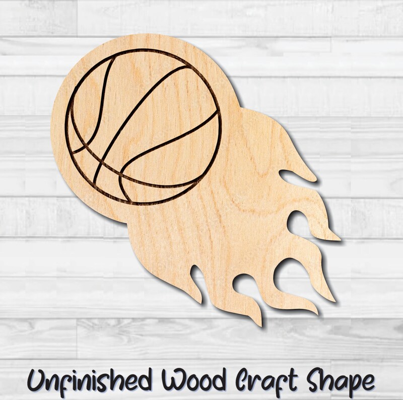 Flaming Basketball Unfinished Wood Shape Blank Laser Engraved Cut Out Woodcraft Craft Supply BSK-001